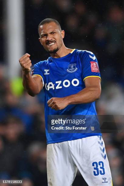 Jose Salomon Rondon of Everton celebrates after scoring their team's second goal during the Emirates FA Cup Fifth Round match between Everton and...