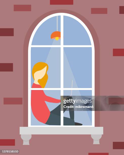 illustration of a person doing normal things at home like cleaning or working during pandemic - davanzale foto e immagini stock