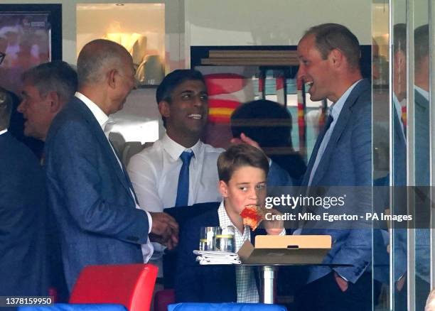 The Prince of Wales , Prime Minister Rishi Sunak and Prince George in the box during day four of the second Ashes test match at Lord's, London....