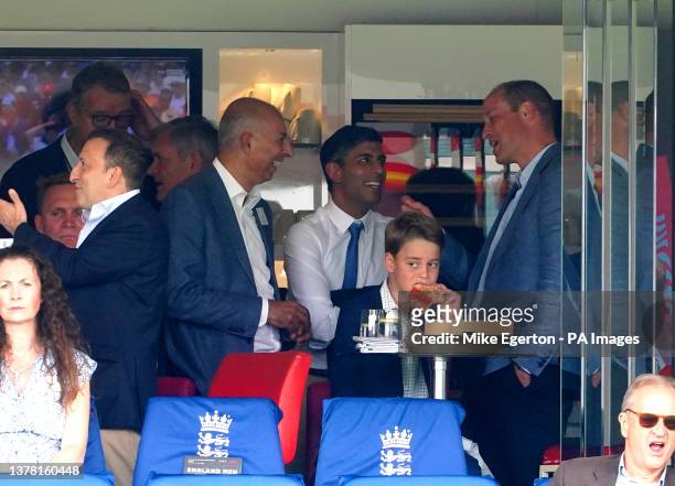 The Prince of Wales, Prime Minister Rishi Sunak and Prince George in the box during day four of the second Ashes test match at Lord's, London....
