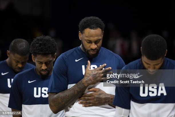 Tarik Black of Team USA stands with his hand on his chest during the National anthem before the FIBA Basketball World Cup 2023 Qualifier game against...