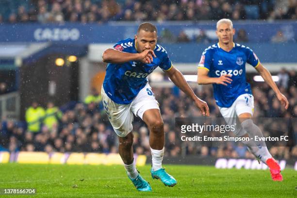 Salomon Rondon of Everton celebrates scoring his teams first goal during the Emirates FA Cup Fifth Round match between Everton and Boreham Wood at...