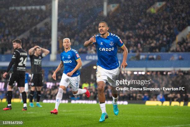 Salomon Rondon of Everton celebrates scoring his teams first goal during the Emirates FA Cup Fifth Round match between Everton and Boreham Wood at...