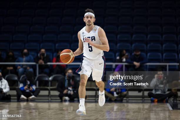 David Stockton of Team USA brings the ball up court against Mexico during the first half of the FIBA Basketball World Cup 2023 Qualifier game at...