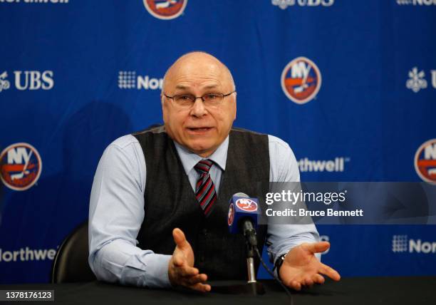 Head coach Barry Trotz of the New York Islanders speaks with the media prior to the game against the Vancouver Canucks at the UBS Arena on March 03,...