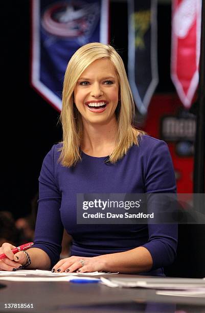 Network broadcaster Kathryn Tappen laughs on set during a NHL Network broadcast at the 2012 NHL All-Star Game Player Media Availability at the Westin...