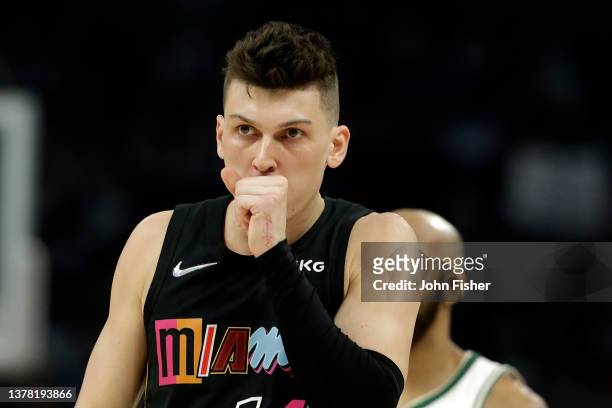Tyler Herro of the Miami Heat checks into the game during the first half of the game against the Milwaukee Bucks at Fiserv Forum on March 02, 2022 in...