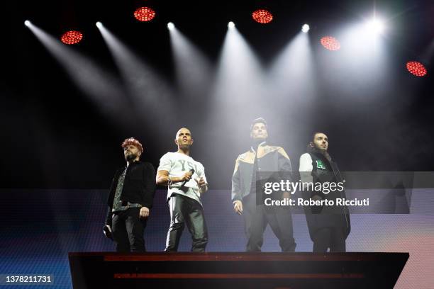 Jay McGuiness, Max George, Siva Kaneswaran and Nathan Sykes of The Wanted perform on stage at The OVO Hydro on March 03, 2022 in Glasgow, Scotland.