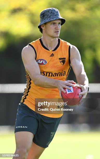 Mitch Lewis of the Hawks kicks during a Hawthorn Hawks AFL training session at Waverley Park on March 04, 2022 in Melbourne, Australia.