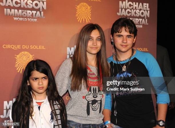 Blanket Jackson, Paris Jackson and Prince Jackson attend Cirque du Soleil's Michael Jackson "The Immortal" World Tour Opening Night at Staples Center...