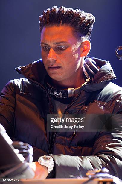 Pauly D a.k.a. Paul DelVecchio performs onstage during day 1 of the Super Bowl Village on January 27, 2012 in Indianapolis, Indiana.