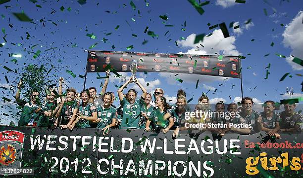 Canberra United celebrate after winning the 2012 W-League Grand Final match between Canberra United and the Brisbane Roar at McKellar Park on January...