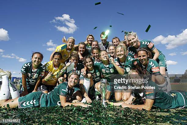 Canberra United celebrate after winning the 2012 W-League Grand Final match between Canberra United and the Brisbane Roar at McKellar Park on January...