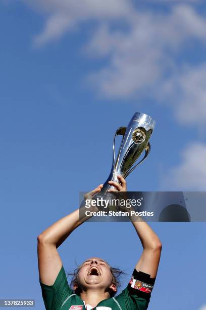 Canberra United captain Ellie Brush holds up the trophy after Canberra won the 2012 W-League Grand Final match between Canberra United and the...