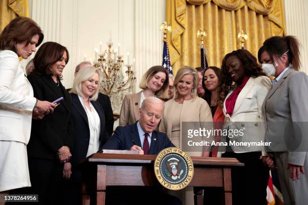 President Joe Biden signs H.R. 4445, the “Ending Forced Arbitration of Sexual Assault and Sexual Harassment Act of 2021” into law at an event in the...