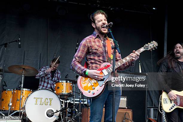 Darren Rayl, Joe Doyel, and Steven Byroad of The Last Good Year perform during day 1 of the Super Bowl Village on January 27, 2012 in Indianapolis,...