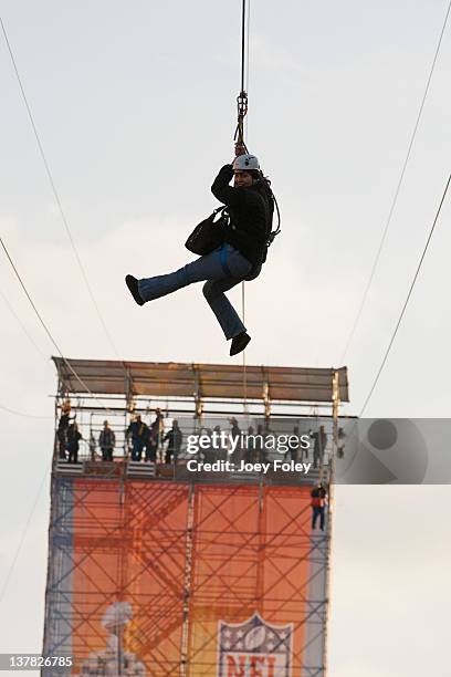 General view of the crowd and fans riding down the zipline during day 1 of the Super Bowl Village on January 27, 2012 in Indianapolis, Indiana.