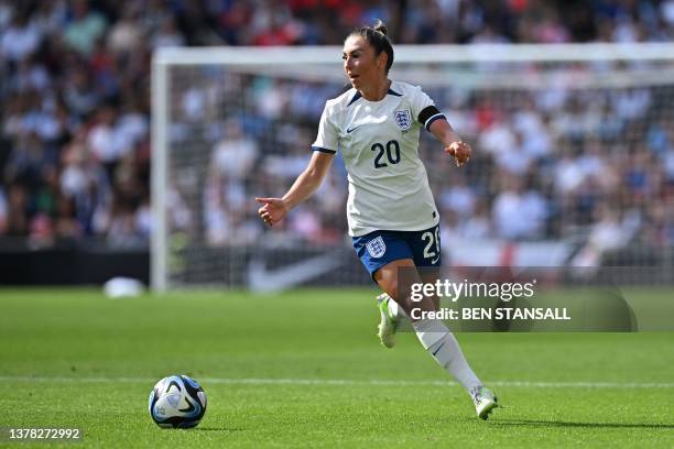 England's midfielder Katie Zelem runs with the ball during the International football friendly match between England and Portugal at the Stadium MK,...