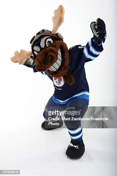 Mick E. Moose, mascot for the Winnipeg Jets, poses for a portrait during 2012 NHL All-Star Weekend at Ottawa Convention Centre on January 26, 2012 in...