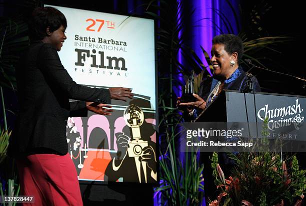 Actress Viola Davis and Myrlie Evers-Williams on stage at the Outstanding Performer of the Year Award Tribute to Viola Davis at the Arlington Theater...