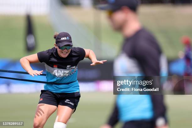 Amelia Kerr of New Zealand warms up during the 2022 ICC Women's Cricket World Cup match between New Zealand and the West Indies at Bay Oval on March...