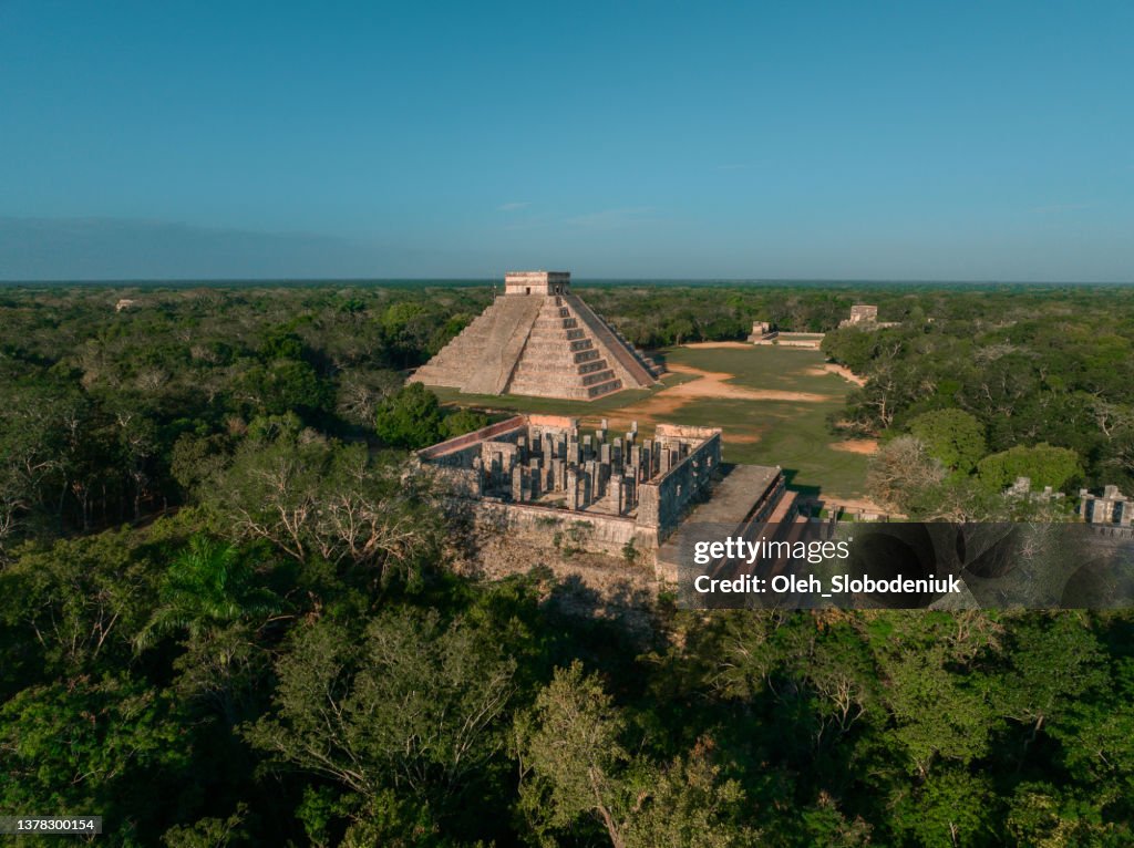 Aerial view of Chichen Itza at sunrise