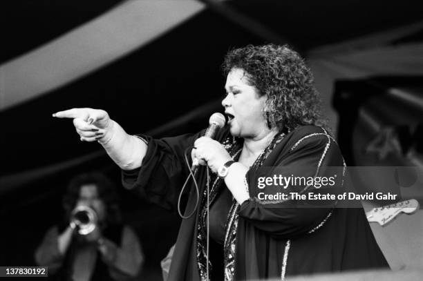 Blues singer Etta James performs at the New Orleans Jazz and Heritage Festival in April 1994 in New Orleans, Louisiana.