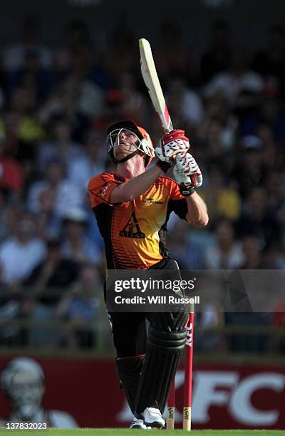 Paul Collingwood of the Scorchers looks skywards as he hits a ball straight up in the air during the T20 Big Bash League Grand Final match between...