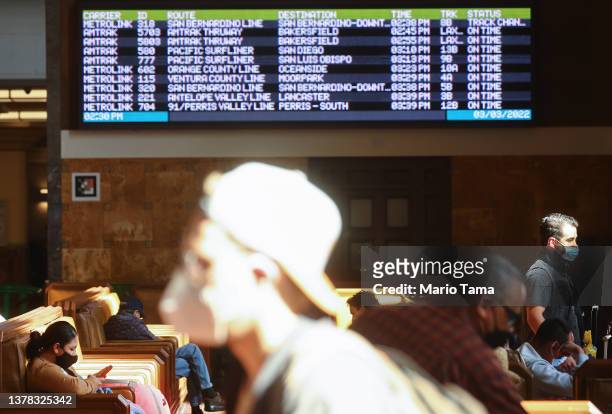 People gather in Union Station on March 3, 2022 in Los Angeles, California. Los Angeles County is expected to drop its indoor mask mandate tomorrow...