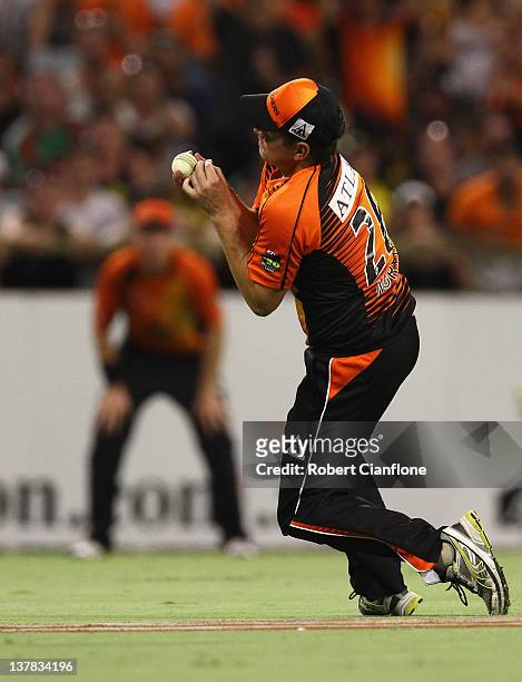 Marcus North of the Scorchers catches out Nic Maddinson of the Sydney Sixers during the T20 Big Bash League Grand Final match between the Perth...