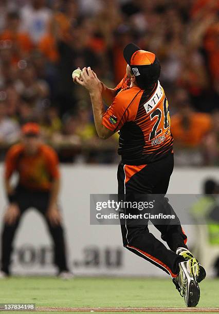 Marcus North of the Scorchers catches out Nic Maddinson of the Sydney Sixers during the T20 Big Bash League Grand Final match between the Perth...