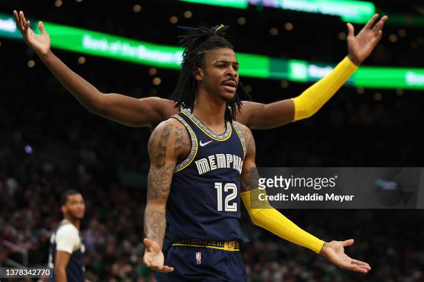 Ja Morant of the Memphis Grizzlies reacts during the first quarter of the game against the Boston Celtics at TD Garden on March 03, 2022 in Boston,...