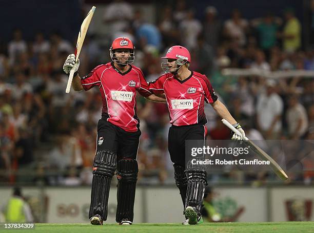 Steve Smith and Ben Rohrer of the Sydney Sixers celebrates after the Sixers defeated the Schorchers during the T20 Big Bash League Grand Final match...