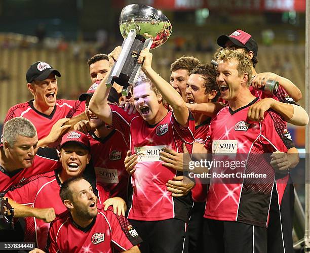 The Sixers celebrate after they won the T20 Big Bash League Grand Final match between the Perth Scorchers and the Sydney Sixers at WACA on January...