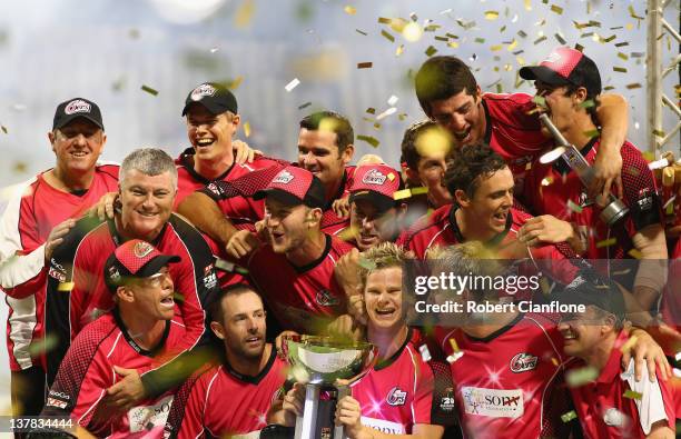 The Sixers celebrate after they won the T20 Big Bash League Grand Final match between the Perth Scorchers and the Sydney Sixers at WACA on January...