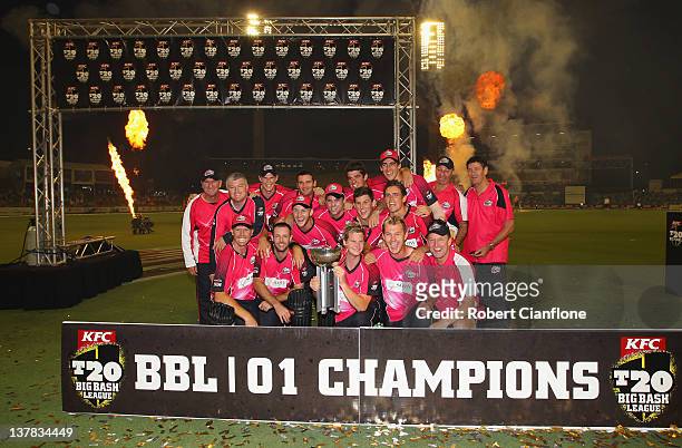 The Sixers celebrate after they won the T20 Big Bash League Grand Final match between the Perth Scorchers and the Sydney Sixers at WACA on January...