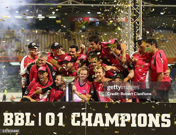 The Sixers celebrate after they won the T20 Big Bash League Grand Final match between the Perth Scorchers and the Sydney Sixers at WACA on January...