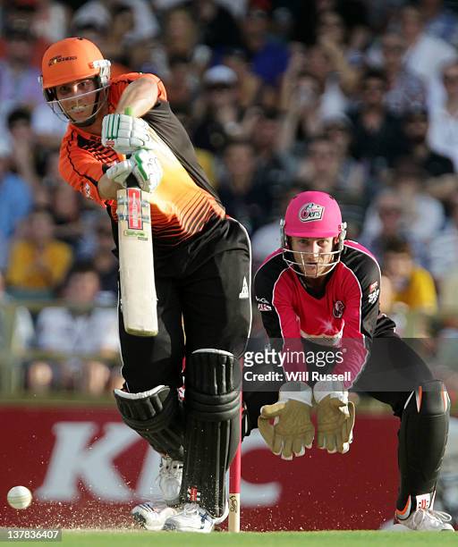 Mitchell Marsh of the Scorchers strikes the ball during the T20 Big Bash League Grand Final match between the Perth Scorchers and the Sydney Sixers...