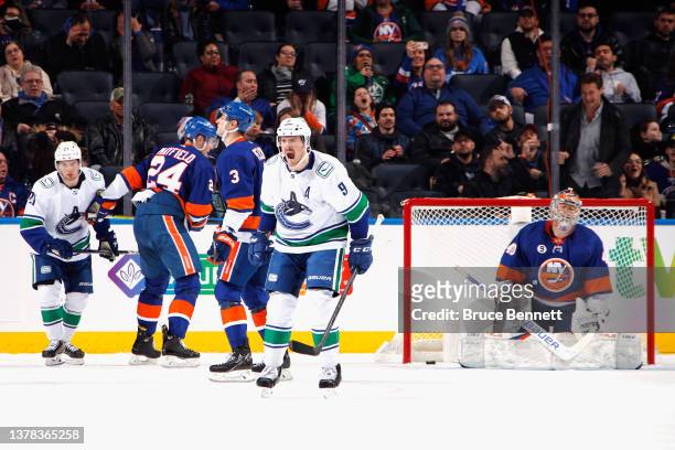 Miller of the Vancouver Canucks celebrates his second period goal against Semyon Varlamov of the New York Islanders at the UBS Arena on March 03,...