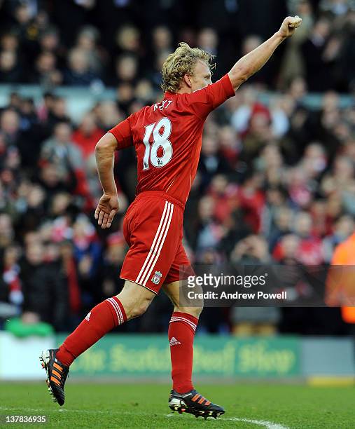 Dirk Kuyt of Liverpool celebrates his goal to make it 2-1 during the FA Cup fourth round match between Liverpool and Manchester United at Anfield on...