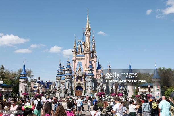 General view of Cinderella's Castle at Walt Disney World Resort on March 03, 2022 in Lake Buena Vista, Florida.