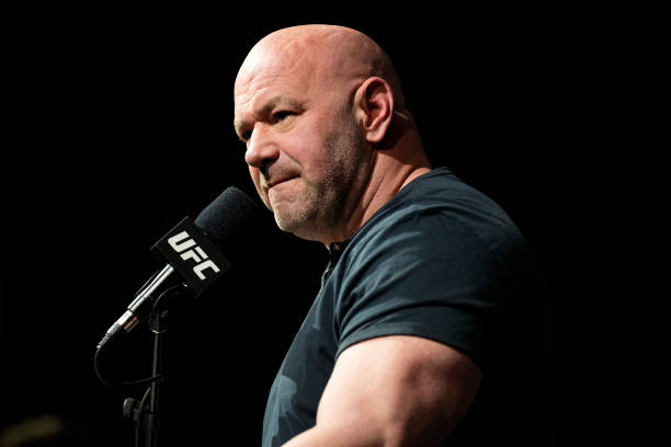 President Dana White is seen on stage during the UFC 272 press conference on March 03, 2022 in Las Vegas, Nevada.