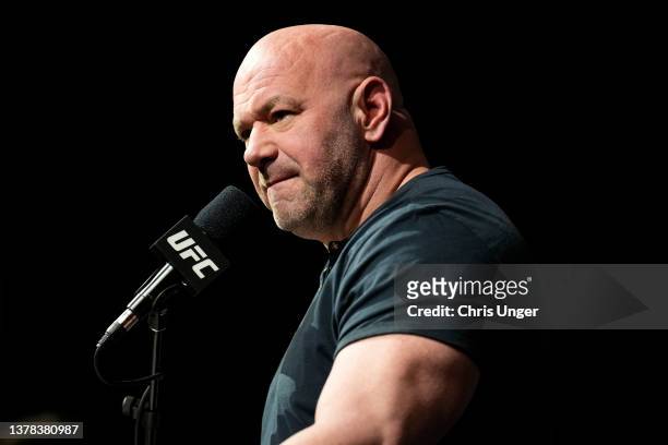 President Dana White is seen on stage during the UFC 272 press conference on March 03, 2022 in Las Vegas, Nevada.