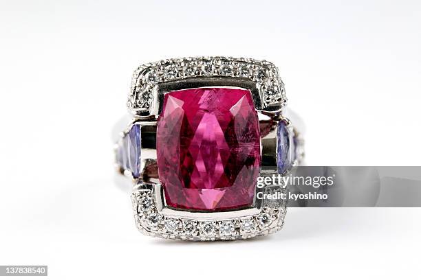 isolated shot of luxury ruby diamond ring on white background - robijn stockfoto's en -beelden