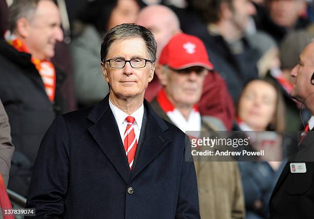 John W Henry owner of Liverpool FC before kick off of the FA Cup fourth round match between Liverpool and Manchester United at Anfield on January 28,...