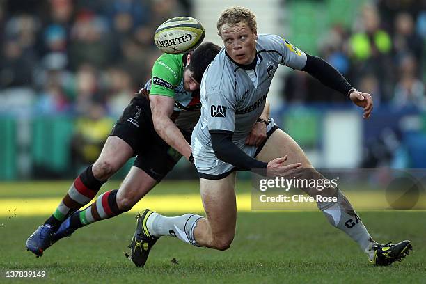Tim Williams of Leicester Tigers is tackled during the LV= Cup match between Harlequins and Leicester Tigers at Twickenham Stoop on January 28, 2012...