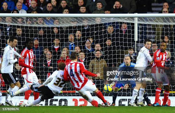 Robert Huth of Stoke City scores his team's second goal past Frank Fielding of Derby County during the FA Cup Fourth Round match between Derby County...