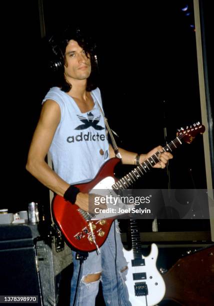 American musician and guitarist Joe Perry, of the American rock band Aerosmith, plays his guitar circa 1985 in San Francisco, California.