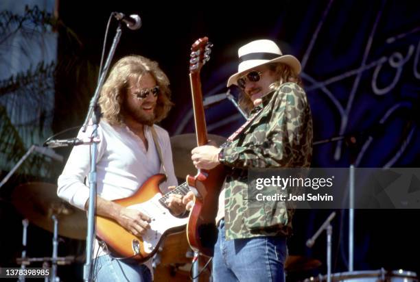 American rock musician, singer, and songwriter Don Felder and American rock singer-songwriter and multi-instrumentalist Joe Walsh, of the American...