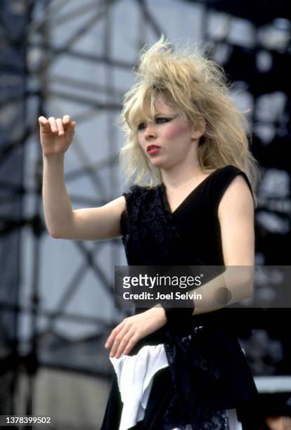 American singer and actress Terri Nunn, of the American new wave band Berlin, stands on stage circa 1986 in San Francisco, California.